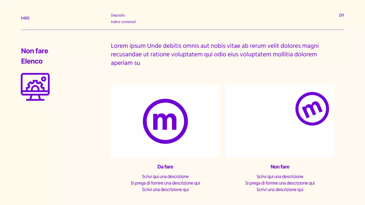 Linee guida del marchio con accenti di testo puliti in viola e limone