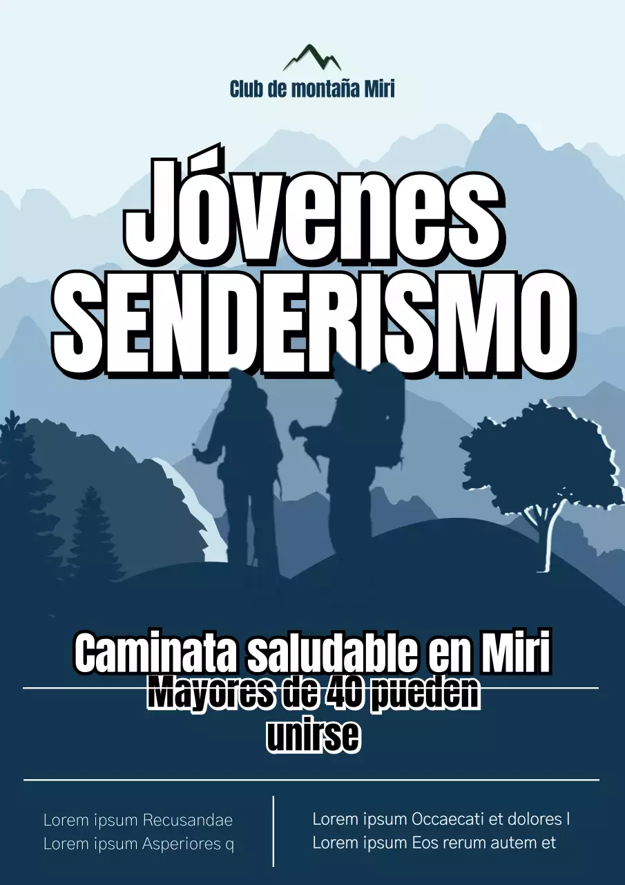 Ilustración en azul marino oscuro de un anuncio de reclutamiento de un club de montaña.