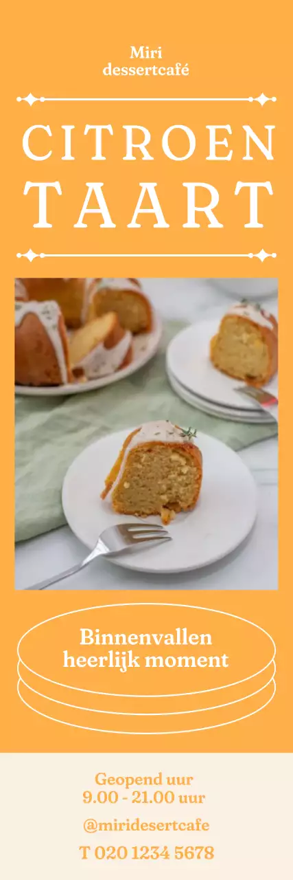 Een banner met een foto van een taart op een gele achtergrond en een titel met een streep erdoorheen