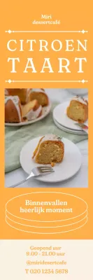 Een banner met een foto van een taart op een gele achtergrond en een titel met een streep erdoorheen