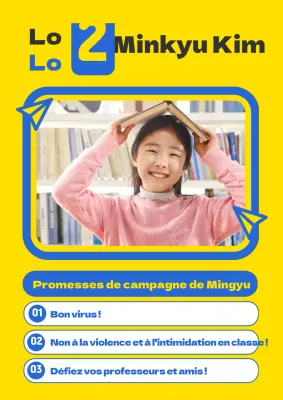Guide simple du candidat à la présidence de classe avec photos jaunes et bleues et illustration d'un avion en papier