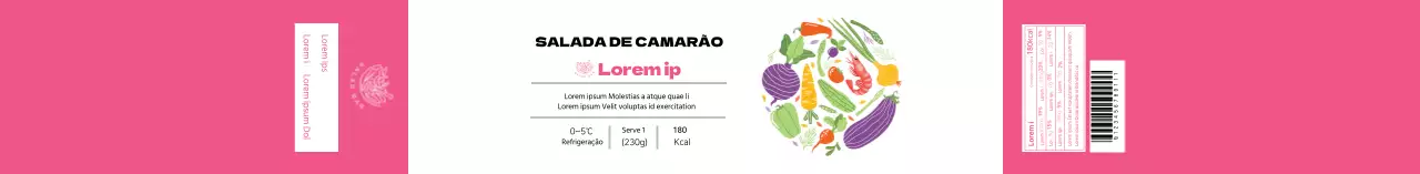 Rótulo ilustrado branco e cor-de-rosa para salada de camarão