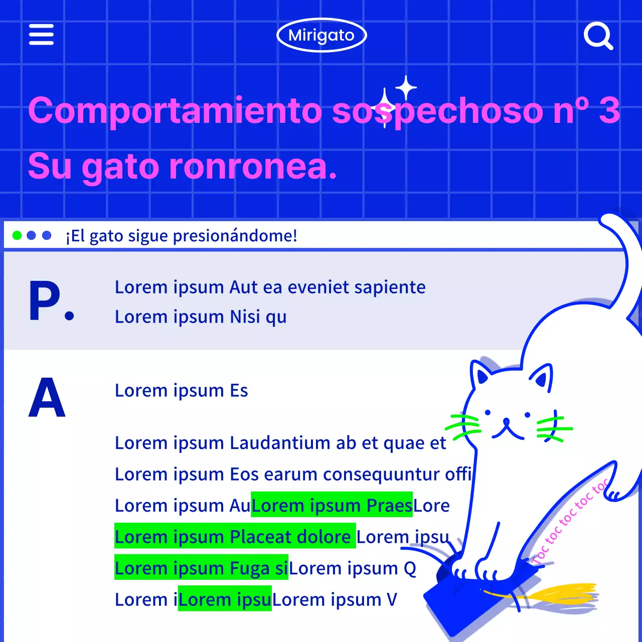 Comunique información sobre gatos con un toque retro de Internet, con una ilustración de un gato blanco sobre fondo azul