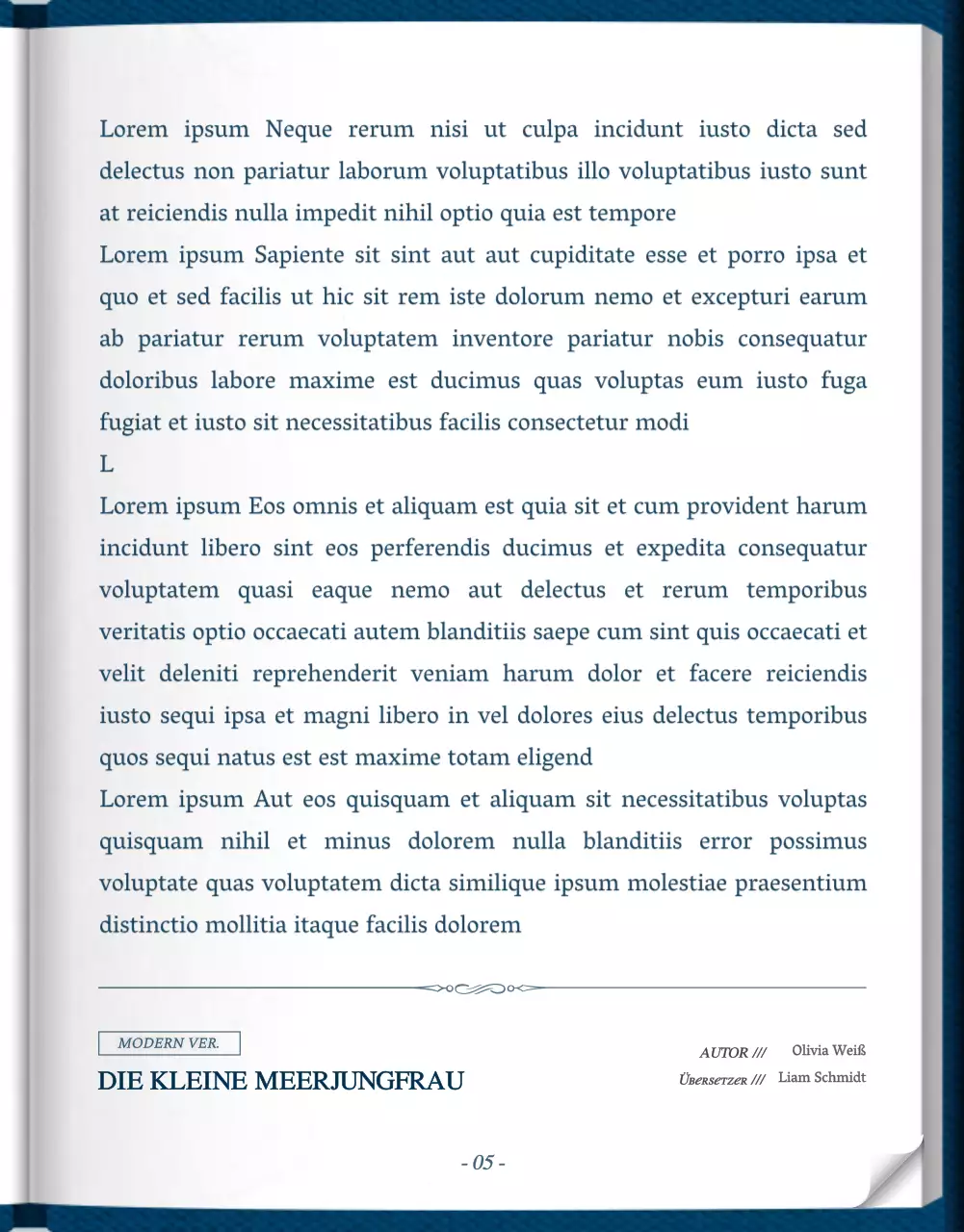 Webroman-Storytelling in Blau und Weiß mit einem stilvollen und eleganten klassischen Buchkonzept