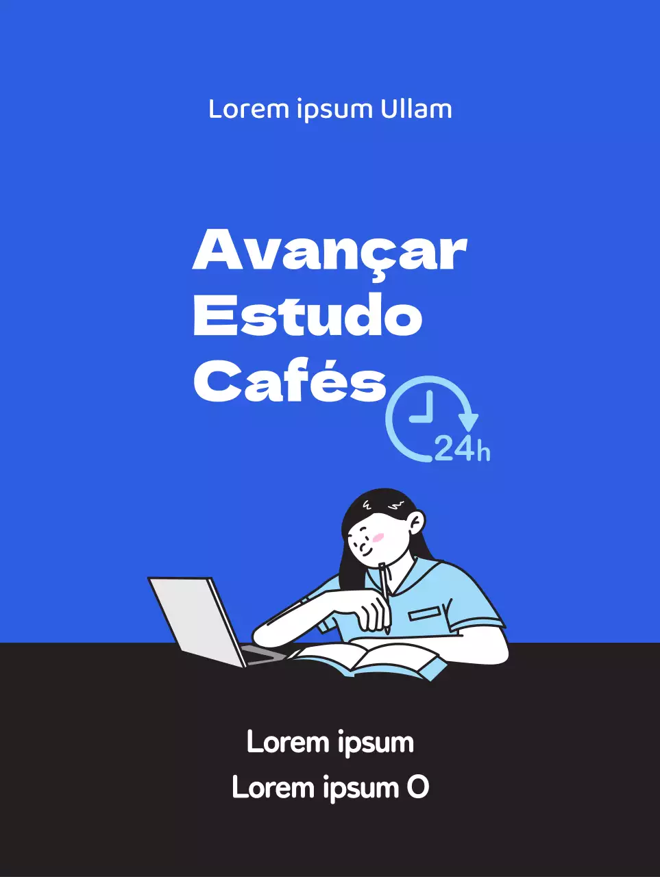 Promover um café de estudo limpo com uma ilustração de um estudante a estudar sobre um fundo azul