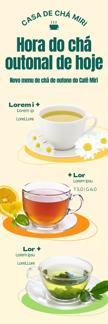 Um menu de café com gráficos geométricos coloridos e fotografias de bebidas quentes de chá outonais