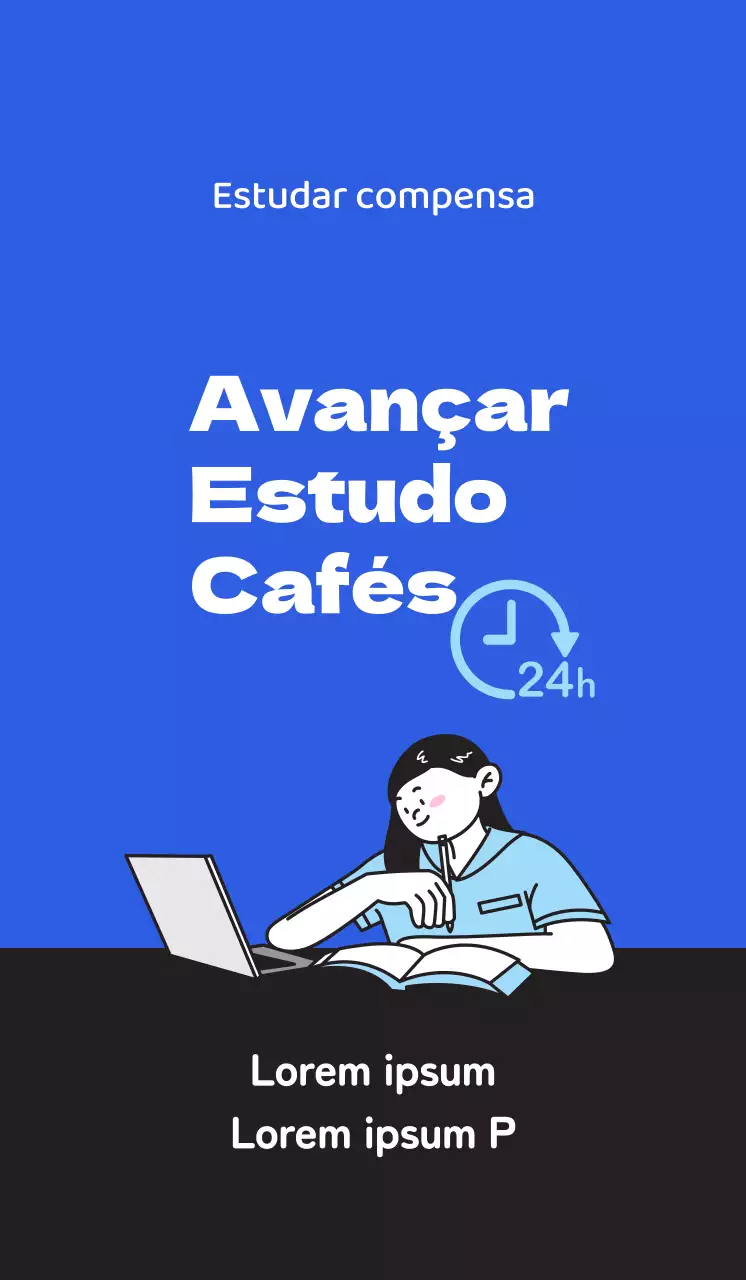 Promover um café de estudo limpo com uma ilustração de um estudante a estudar sobre um fundo azul