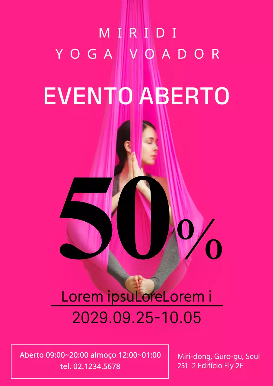 Evento de desconto de abertura da escola com imagens de ioga voador cor-de-rosa
