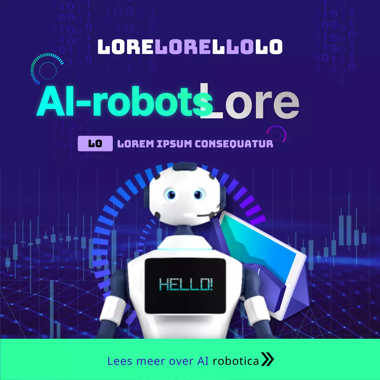 Futuristische wetenschap AI robot aandelen in fluorescerende chartreuse en paarse Instagram feeds