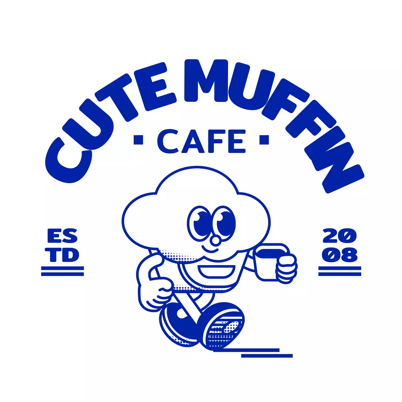 藍色のシンプルで可愛いカップケーキのイラストが入ったエンブレムロゴスタイルのカフェのロゴマーク