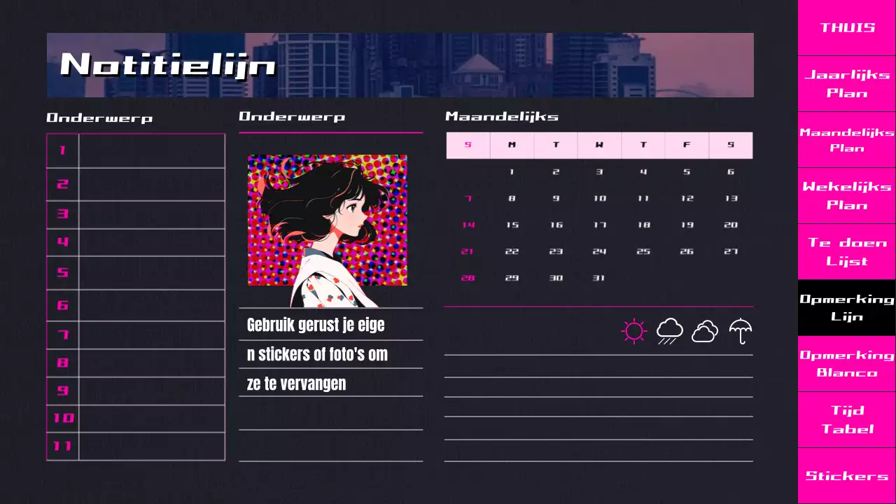 Zwart met roze kleurverloop CityPop animatie highlight planner