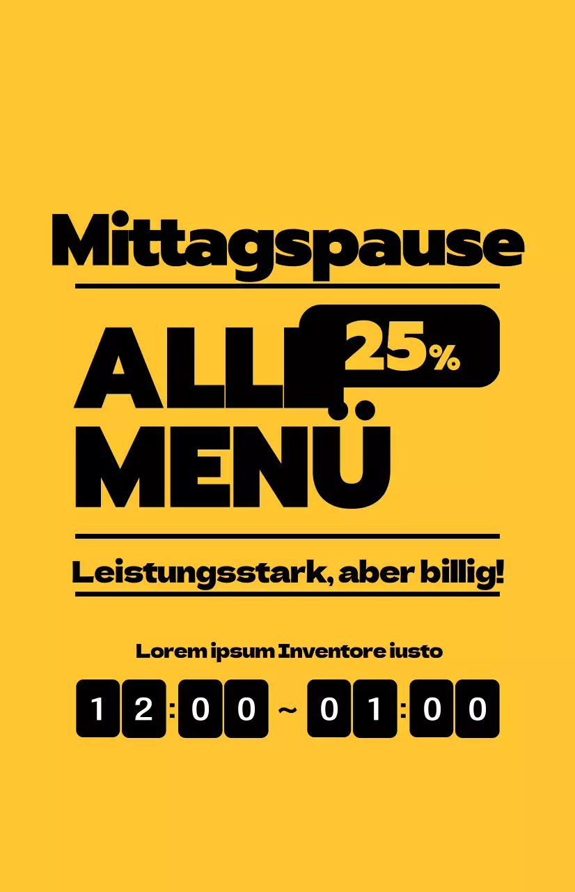 Bewerben Sie Mittagsangebote mit kontrastierendem schwarzem Text auf gelbem Hintergrund