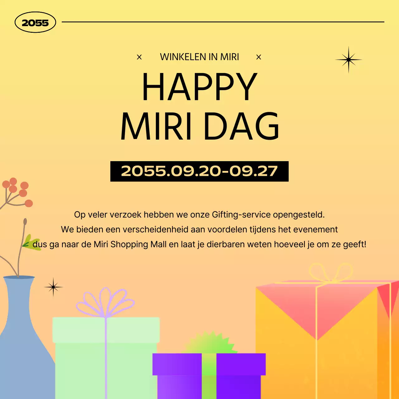 Eenvoudige gele en oranje evenementaankondiging voor geschenken