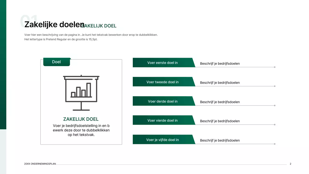 Presentatiepakket voor ondernemingsplan met een indexconcept met kleurverloop in groen