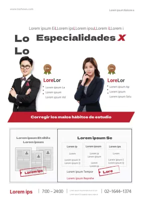 Promocionar una agencia de admisiones con fotos rojas y grises de alumnos estudiando