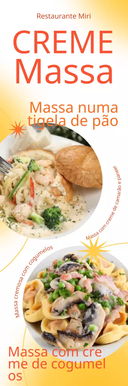 Um menu de massas ao estilo ocidental com um gradiente de cor amarela fresca e linhas e formas rítmicas.