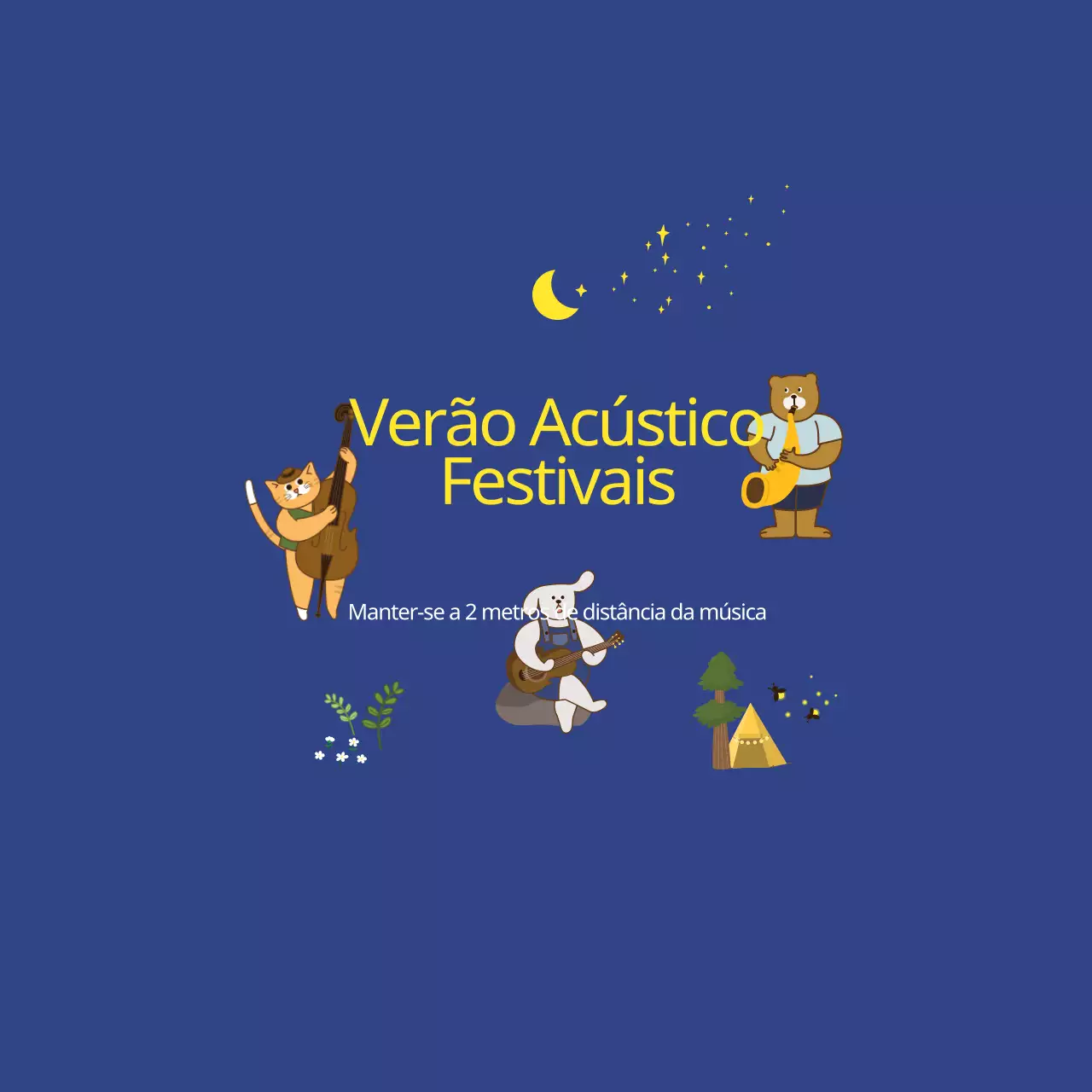 Promoção do festival com ilustrações de vários animais no céu noturno a tocar instrumentos musicais.