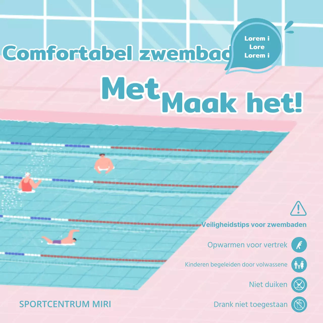 Veiligheidstips voor zwembaden met illustratie van een zwembad met lichtblauw water en roze tegels