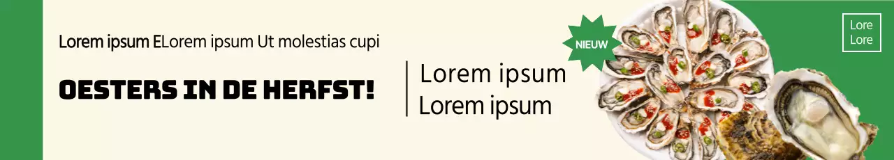Seizoensgebonden cateringbedrijf in de herfst met een strakke, statische lay-out en foto's van oesters, geaccentueerd met groen