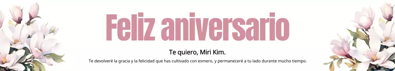 Promocione un feliz aniversario con flores de tonos rosados sobre fondo blanco