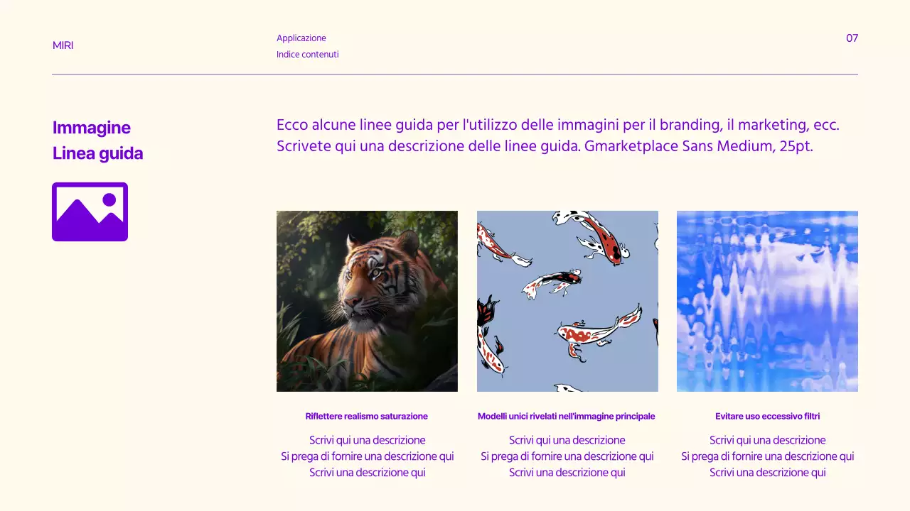 Linee guida del marchio con accenti di testo puliti in viola e limone