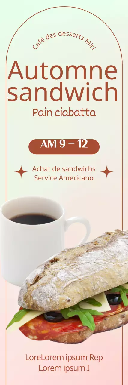 Bannière avec photo d'un sandwich et d'un café sur fond dégradé