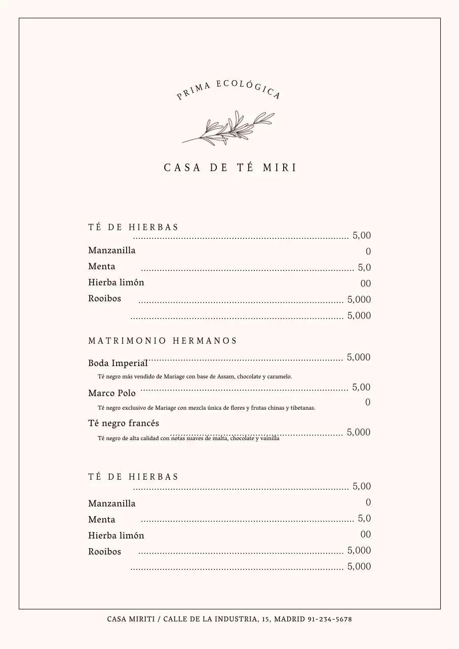 Menú sencillo de cafetería