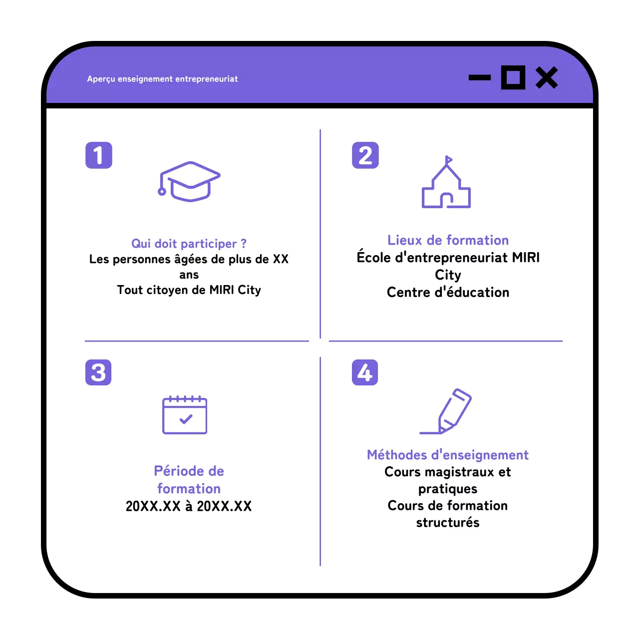 Un simple argumentaire jaune et mauve pour le recrutement d'une école d'entrepreneuriat