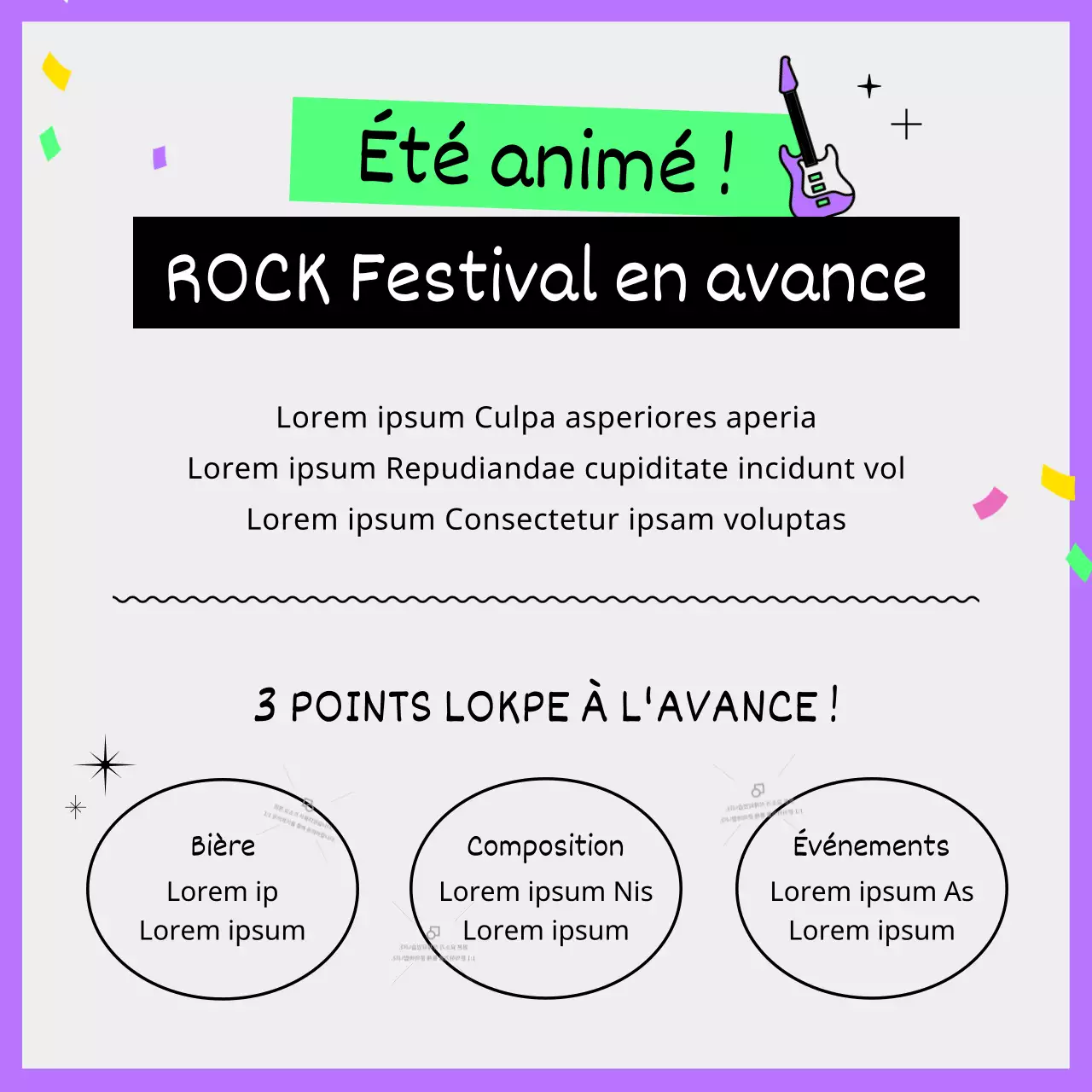 Guide des festivals d'été pour les groupes de rock, avec des illustrations mignonnes et uniques en violet et en chartreuse fluorescente.