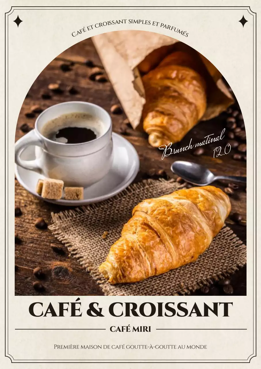 Un menu de café automnal avec une photo d'une brioche café-croissant et de la cursive anglaise dans un cadre sentimental.