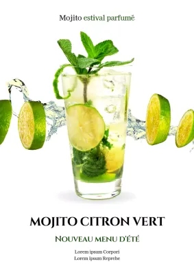 Promouvoir une boisson mojito à l'aspect épuré avec du blanc et du vert lime