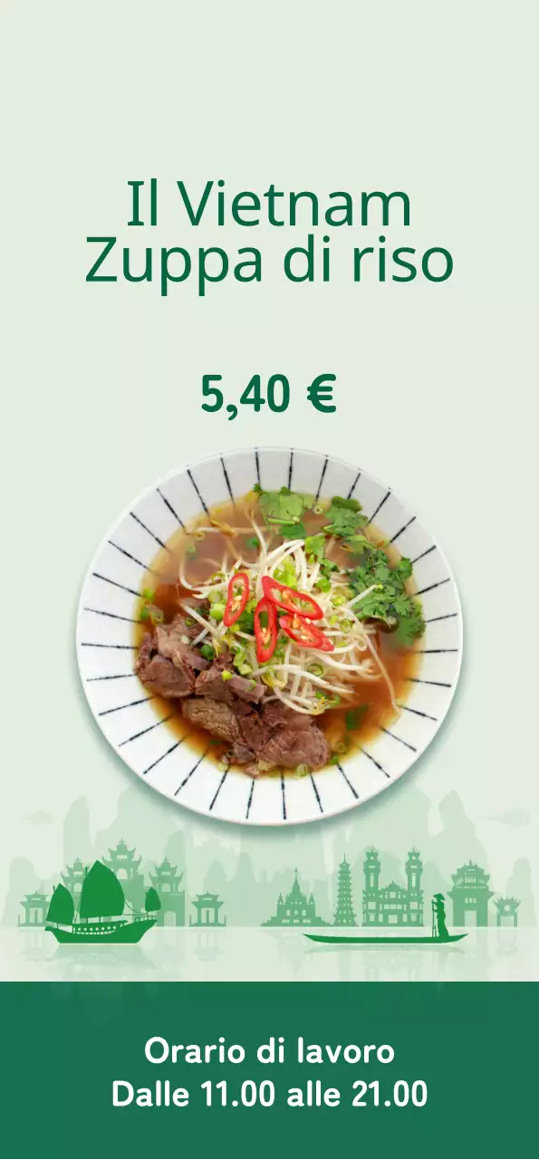 Promuovere un menu pulito con un'immagine di spaghetti di riso con accenti verdi