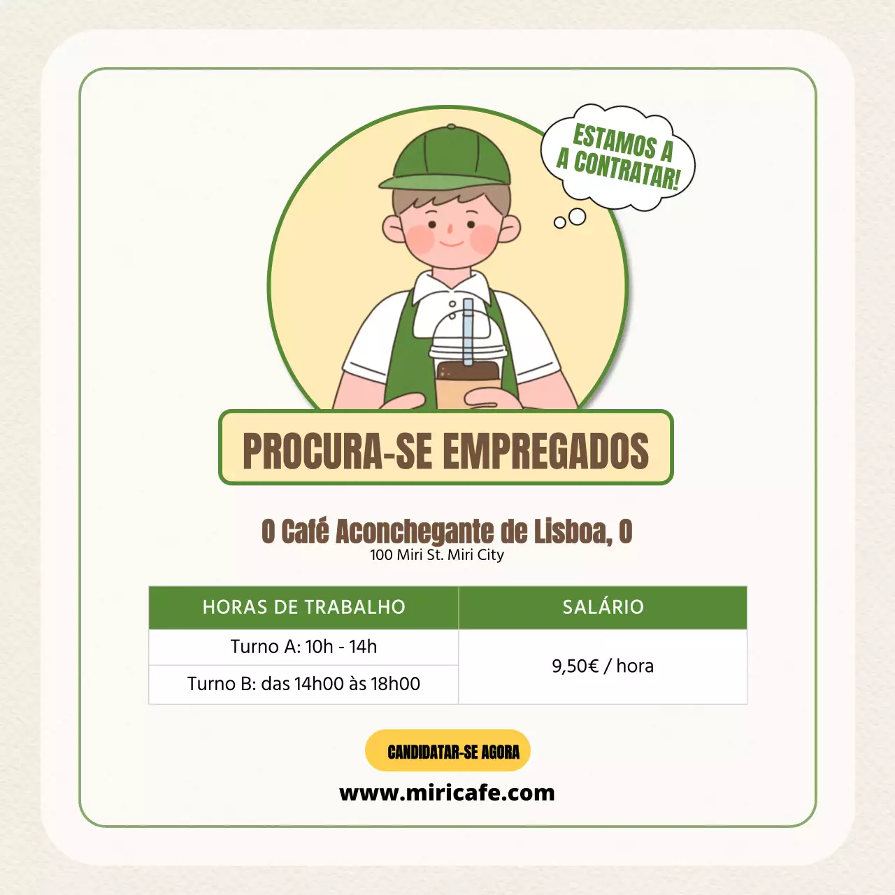Anúncio de recrutamento de pessoal para um café com ilustrações engraçadas em bege e verde V1