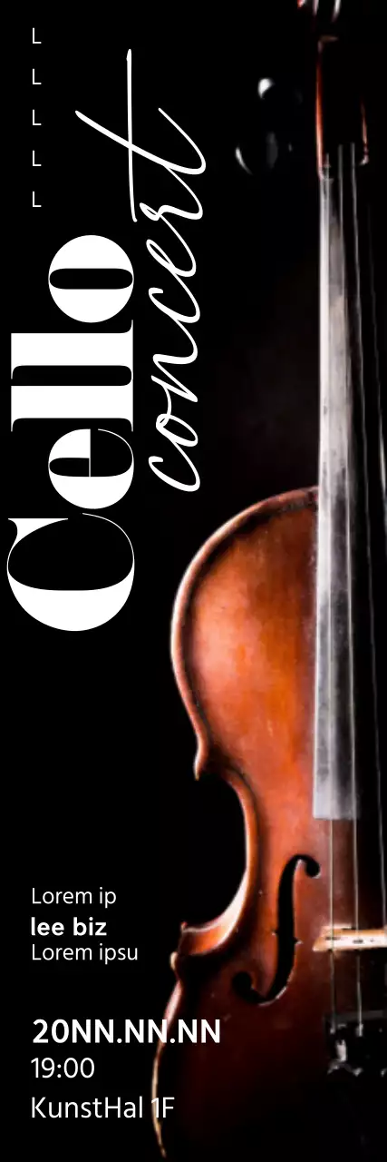 Promotieposter voor een concert met een afbeelding van een cello op een zwarte achtergrond