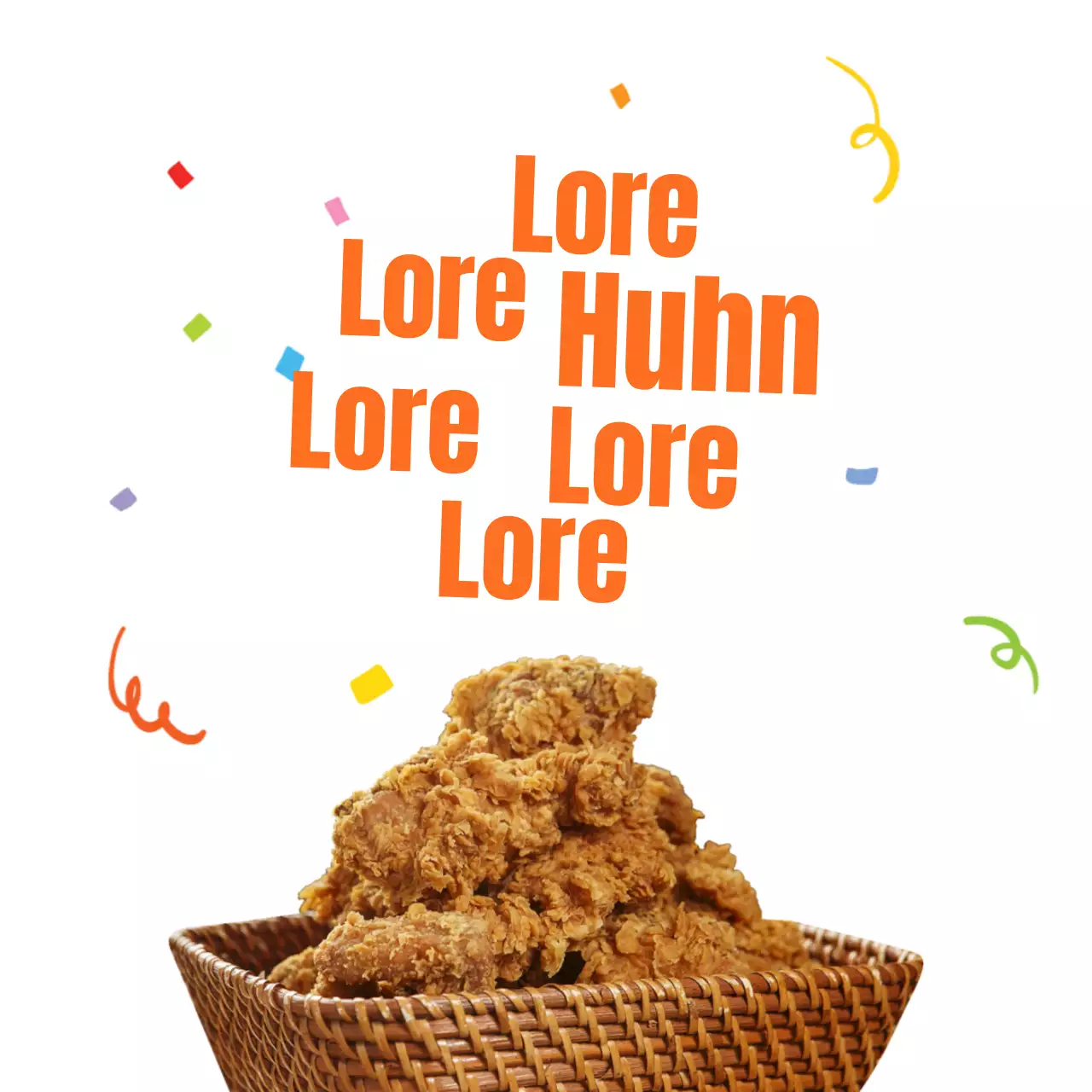 Eine orangefarbene kalligrafische Botschaft mit einer Fanfare platzte auf das Huhn