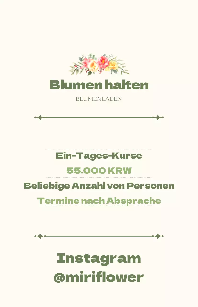Werbung für einen eintägigen Kurs mit grünem und elfenbeinfarbenem Text und floralen Illustrationen