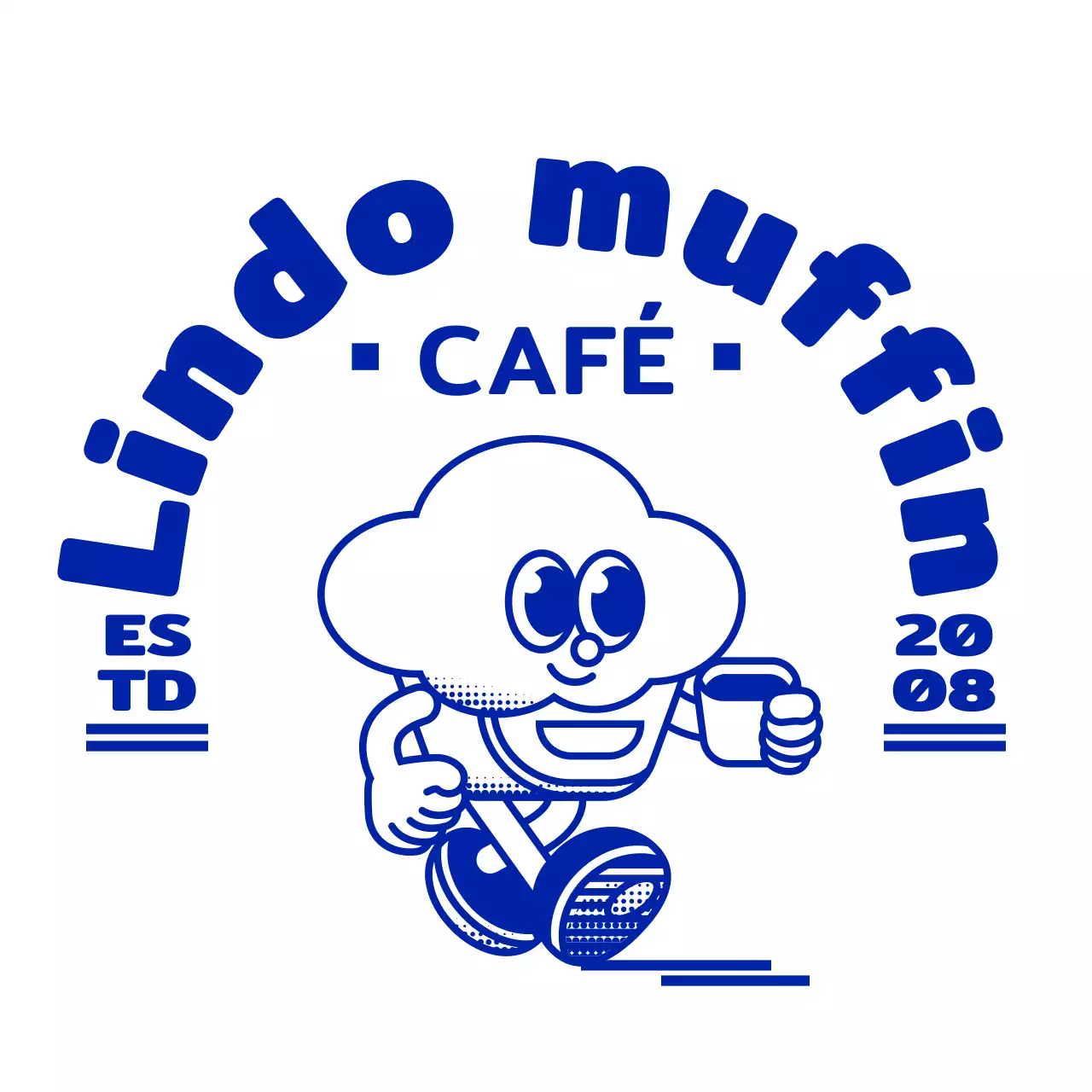 Una sencilla y simpática ilustración de un cupcake en azul marino con un logotipo en forma de emblema de cafetería