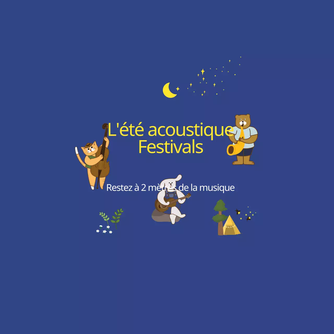 Promotion du festival avec des illustrations de divers animaux jouant d'instruments de musique dans le ciel nocturne.