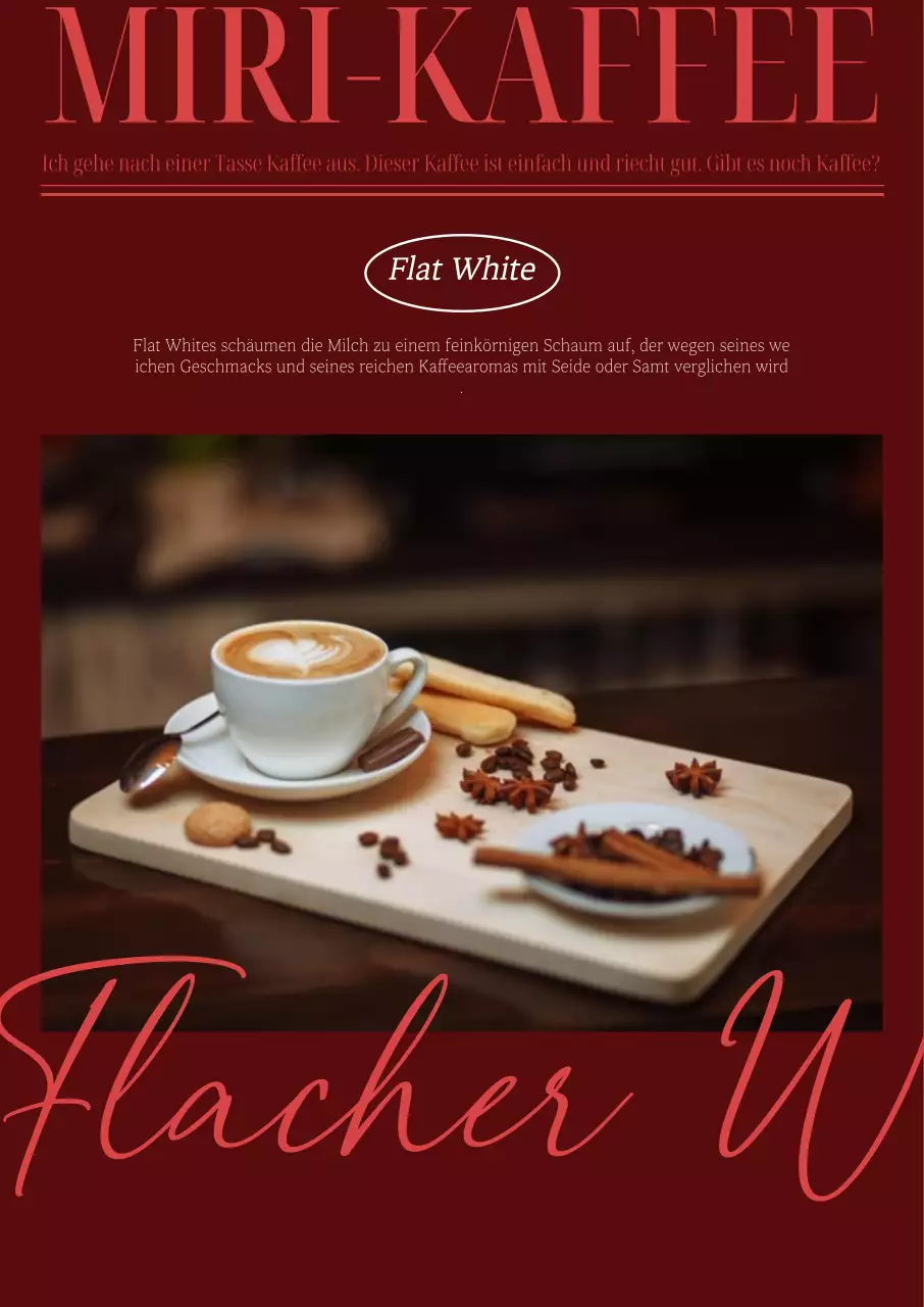 Eine herbstliche Café-Kaffeekarte mit einem warmen weinfarbenen Hintergrund und englischer Kursivschrift.