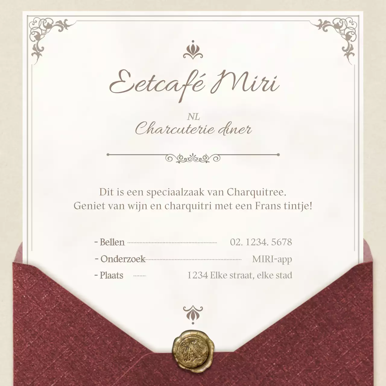 Een ouderwetse, elegante brief in rood en lichtgeel voor een reservering van een concept vleeswaren diner.