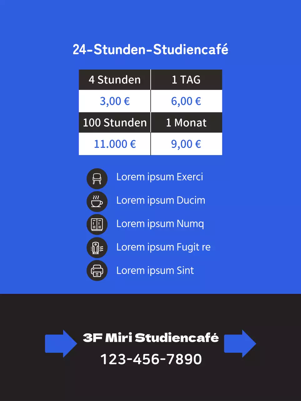 Werbung für ein sauberes Lerncafé mit der Illustration eines Studenten, der auf blauem Hintergrund lernt