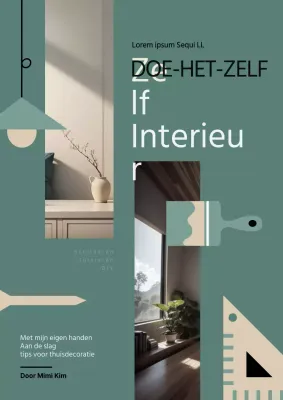 Interieur boek met groene en beige fotolijsten en illustraties van interieur gereedschap