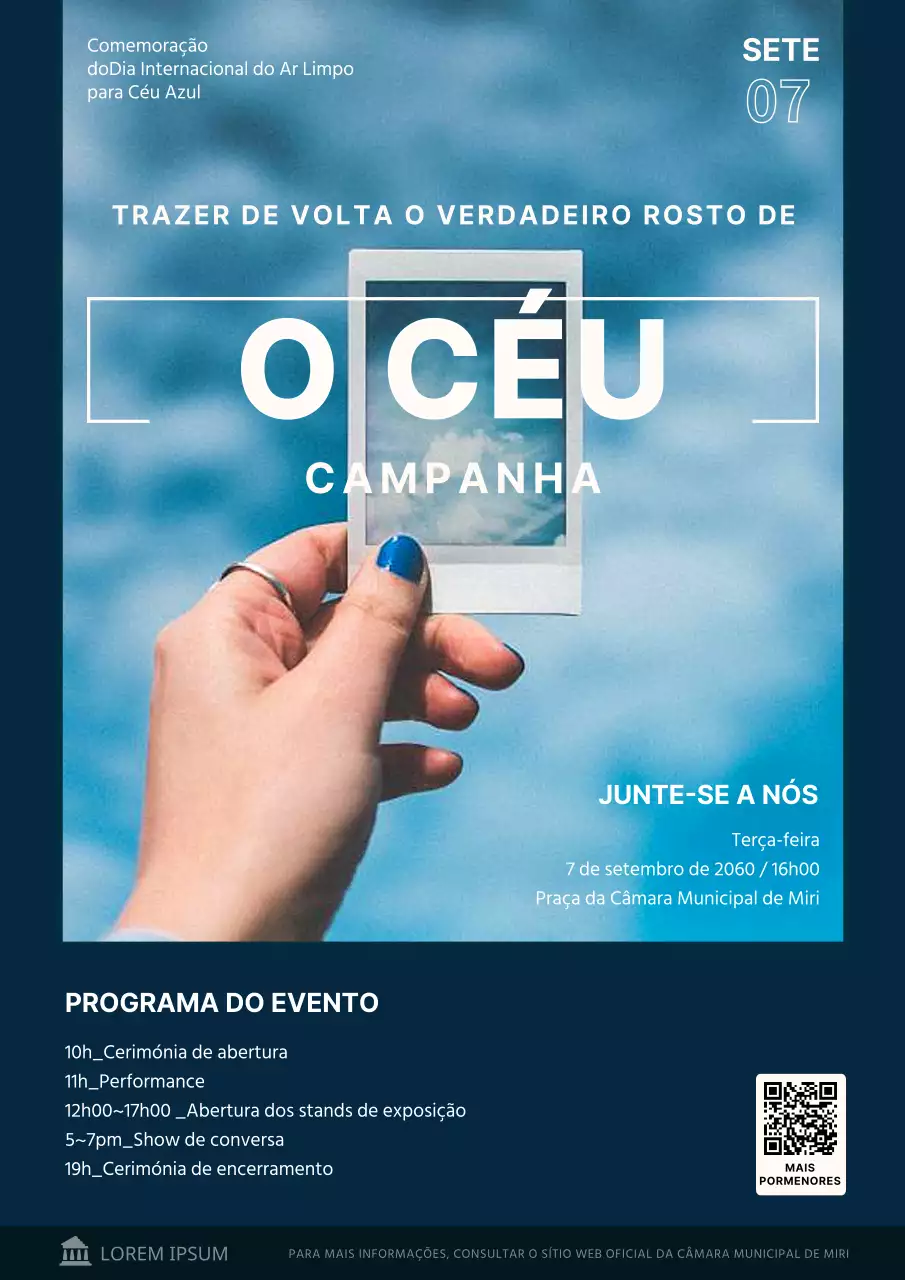 Conceito minimalista de promoção de eventos ambientais com uma fotografia sobre um fundo azul-marinho