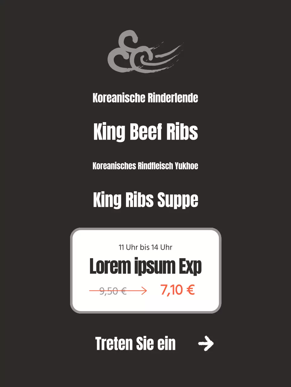 Werbung für ein sauberes, koreanisch inspiriertes Restaurant mit Bildern von koreanischem Rindfleisch auf schwarzem Hintergrund