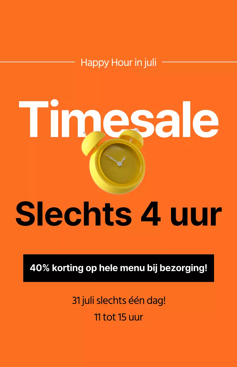 Een pittige tijd verkoop promotie met een afbeelding van een wekker op een oranje achtergrond