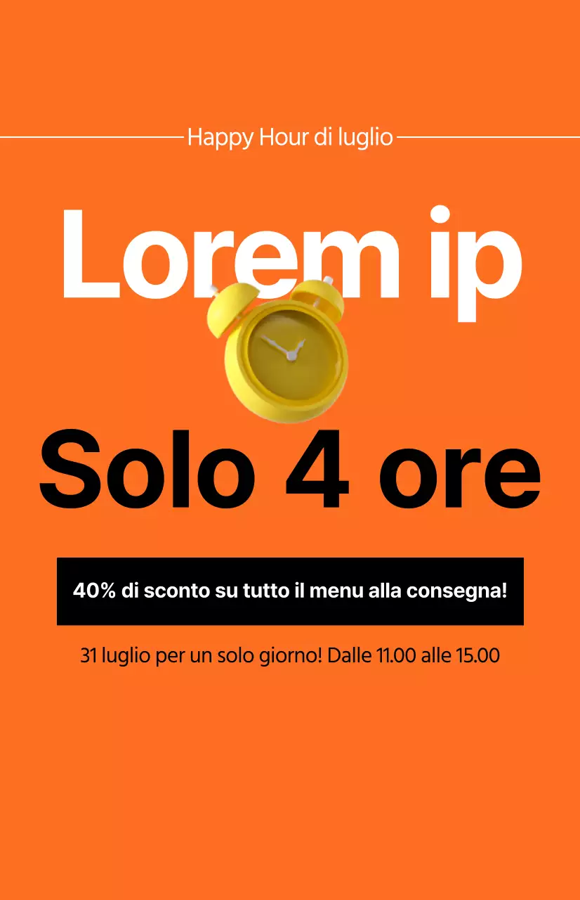 Una promozione incisiva per la vendita del tempo con l'immagine di una sveglia su sfondo arancione