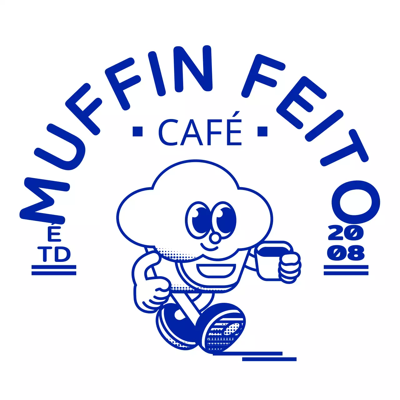 Uma ilustração simples e gira de um cupcake em azul-marinho com um logótipo de café em forma de emblema