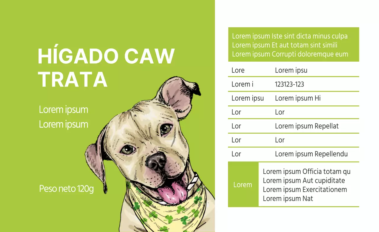 Etiqueta verde ilustrada de producto para mascotas