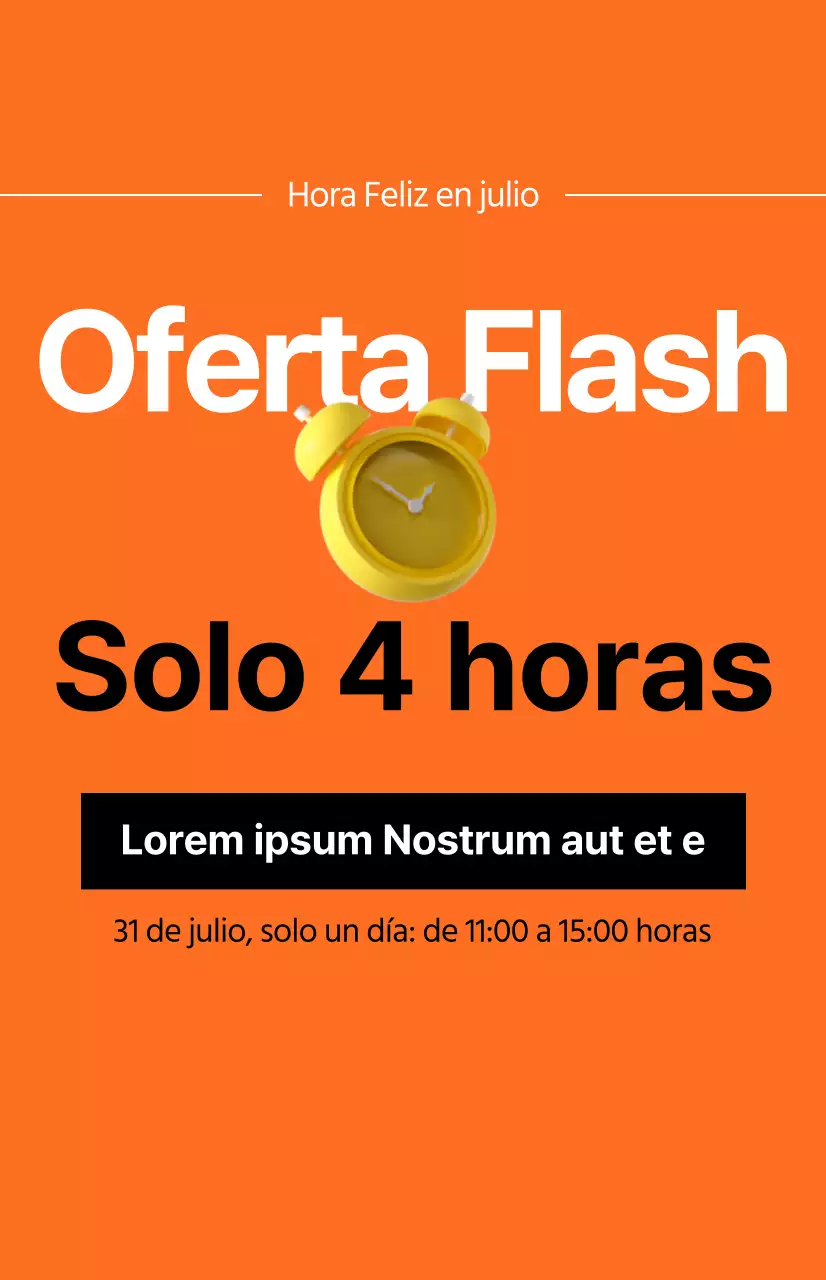 Una impactante promoción de venta de tiempo con la imagen de un despertador sobre fondo naranja