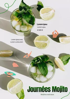 Promotion d'une boisson d'inspiration estivale, le mojito, sur fond blanc et avec une illustration.